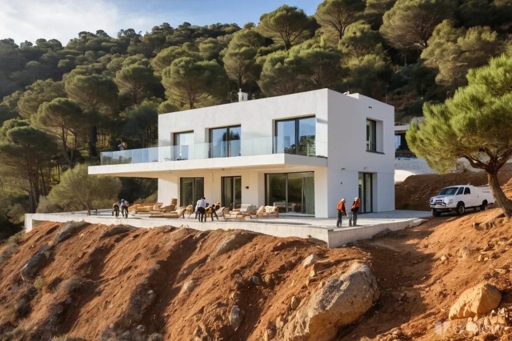 Aannemers bouwen een huis op een heuvel AI