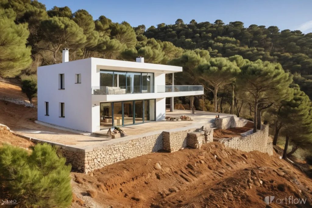 Aannemers bouwen een huis in de heuvels AI 2